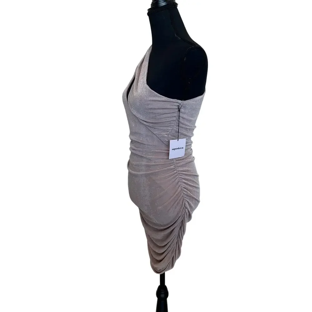 Superdown Nude Slinky One Shoulder Mini Dress MEDIUM Ruched Revolve Cut Out NEW - Picture 5 of 10